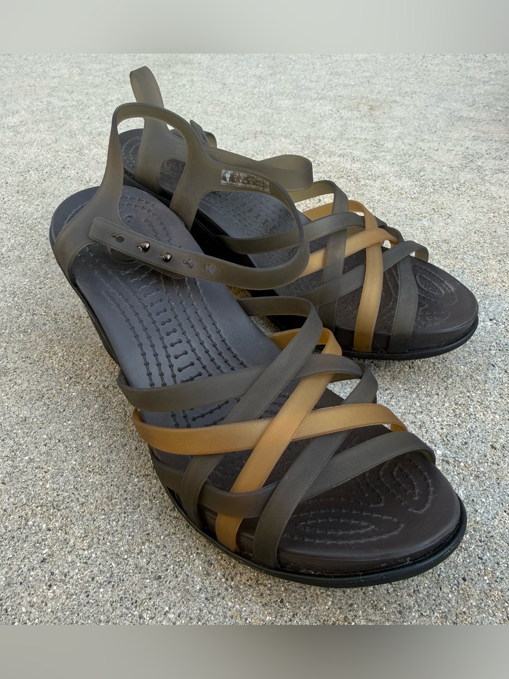Crocs Sandals Isabella Huarache Wedge Espresso Brown Peep Toe Sandals Size 7